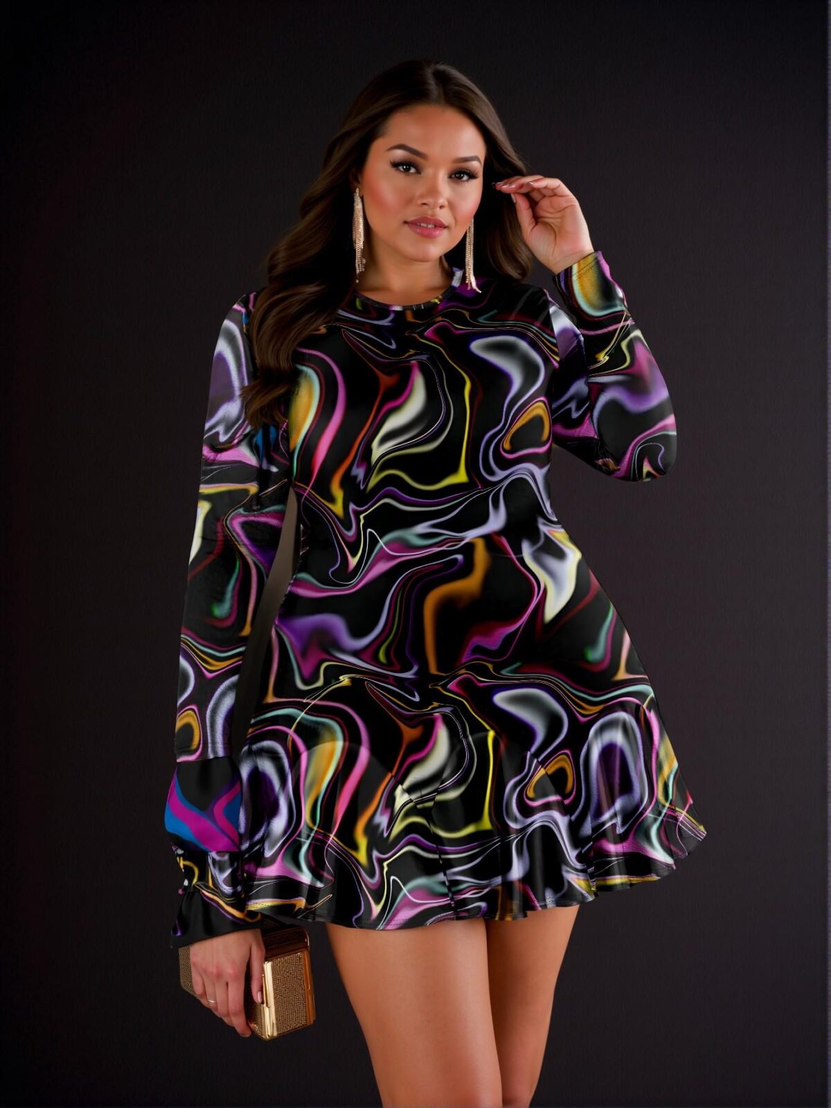Elegant Multicolor Casual Minimalist Holographic Line Print Long Sleeve Plus Size Dress for Autumn/Winter - Chic, Classy and Trendy Fashion Style to Dress to Impress - Image 4