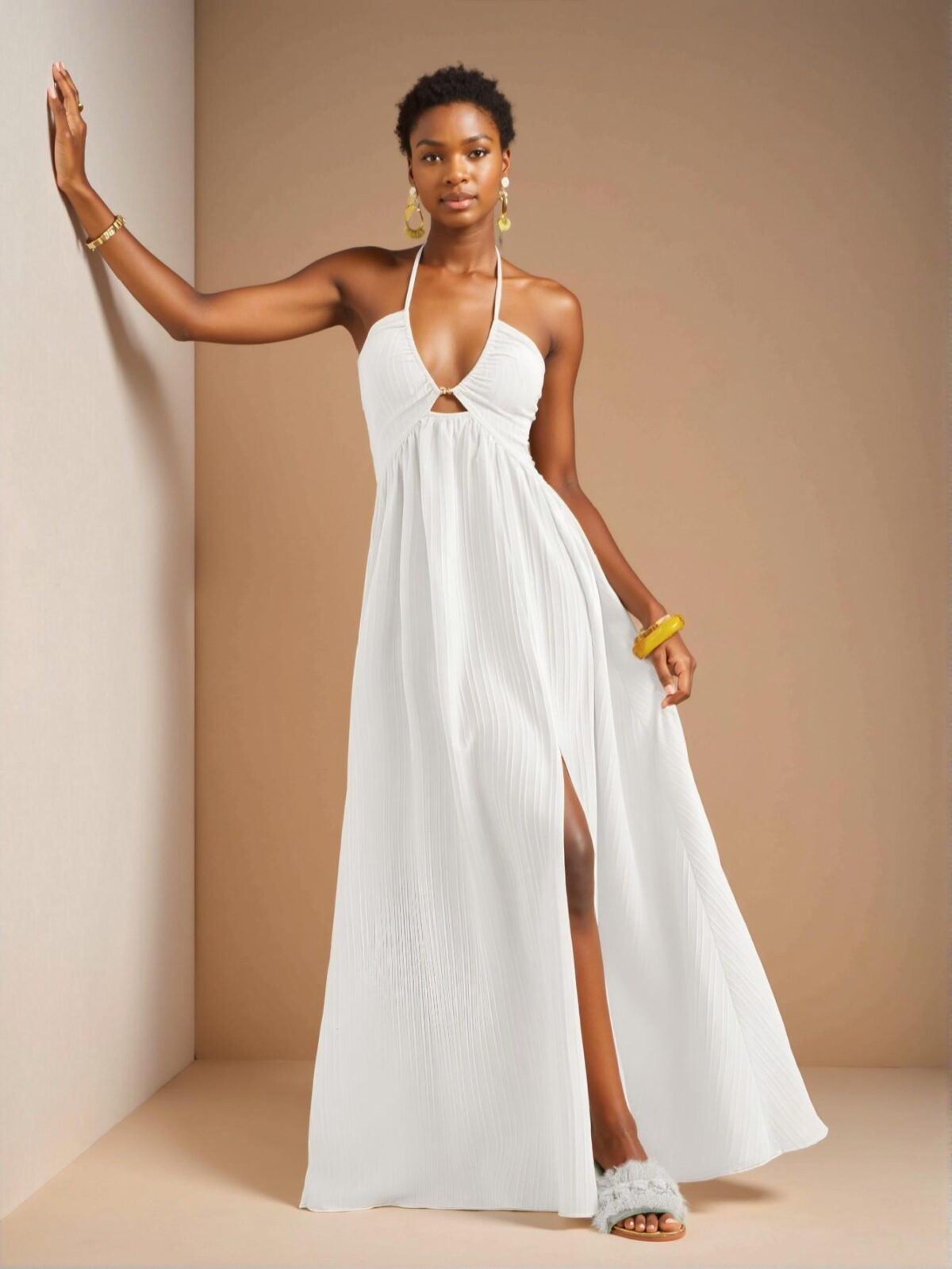 Elegant White Halter Neck Strapless Swing Maxi Dress with High Front Slit - Chic, Classy and Trendy Fashion Style to Dress to Impress - Image 3
