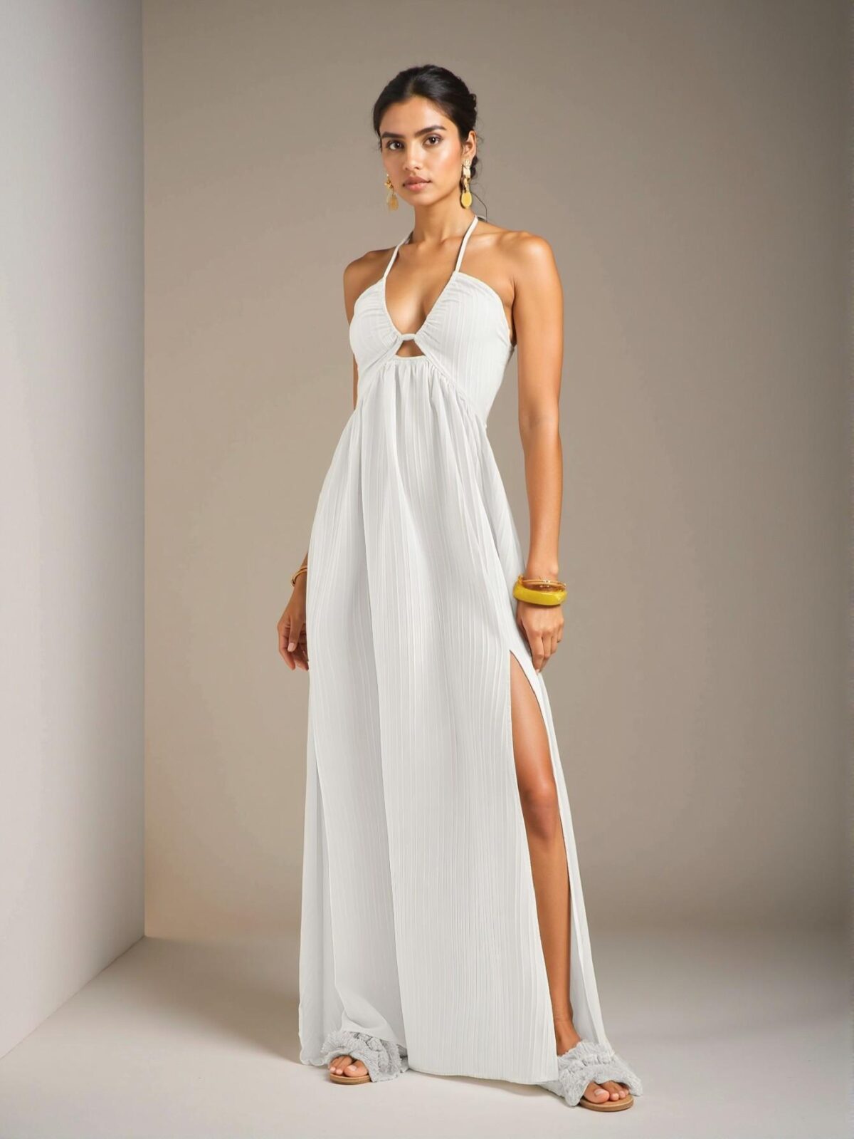 Elegant White Halter Neck Strapless Swing Maxi Dress with High Front Slit - Chic, Classy and Trendy Fashion Style to Dress to Impress - Image 5