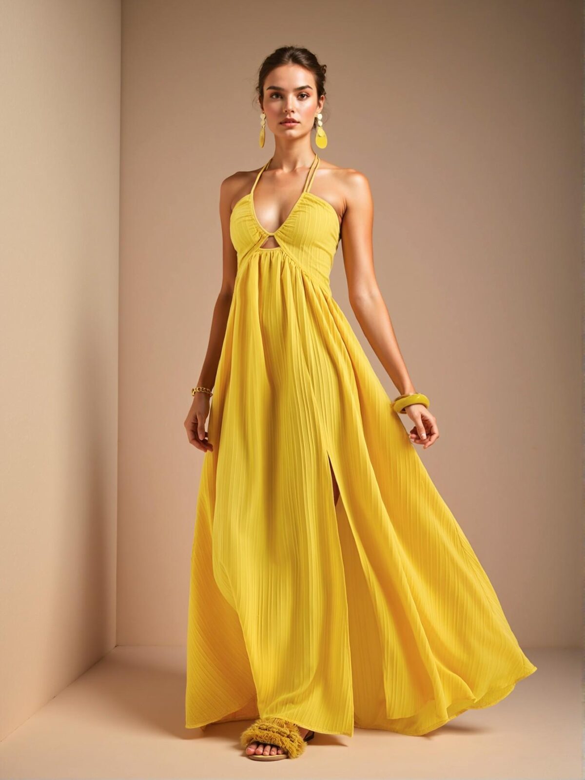 Elegant Yellow Stylish Halter Neck Backless Maxi Dress with High Slit and A-Line Swing Skirt for Casual Vacations - Chic, Classy and Trendy Fashion Style to Dress to Impress