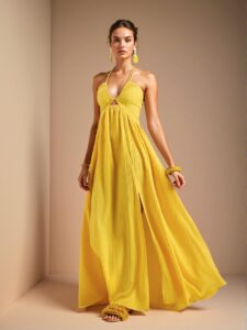 Elegant Yellow Stylish Halter Neck Backless Maxi Dress with High Slit and A-Line Swing Skirt for Casual Vacations - Chic, Classy and Trendy Fashion Style to Dress to Impress