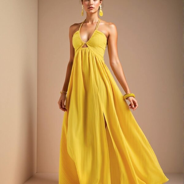 Elegant Yellow Stylish Halter Neck Backless Maxi Dress with High Slit and A-Line Swing Skirt for Casual Vacations - Chic, Classy and Trendy Fashion Style to Dress to Impress