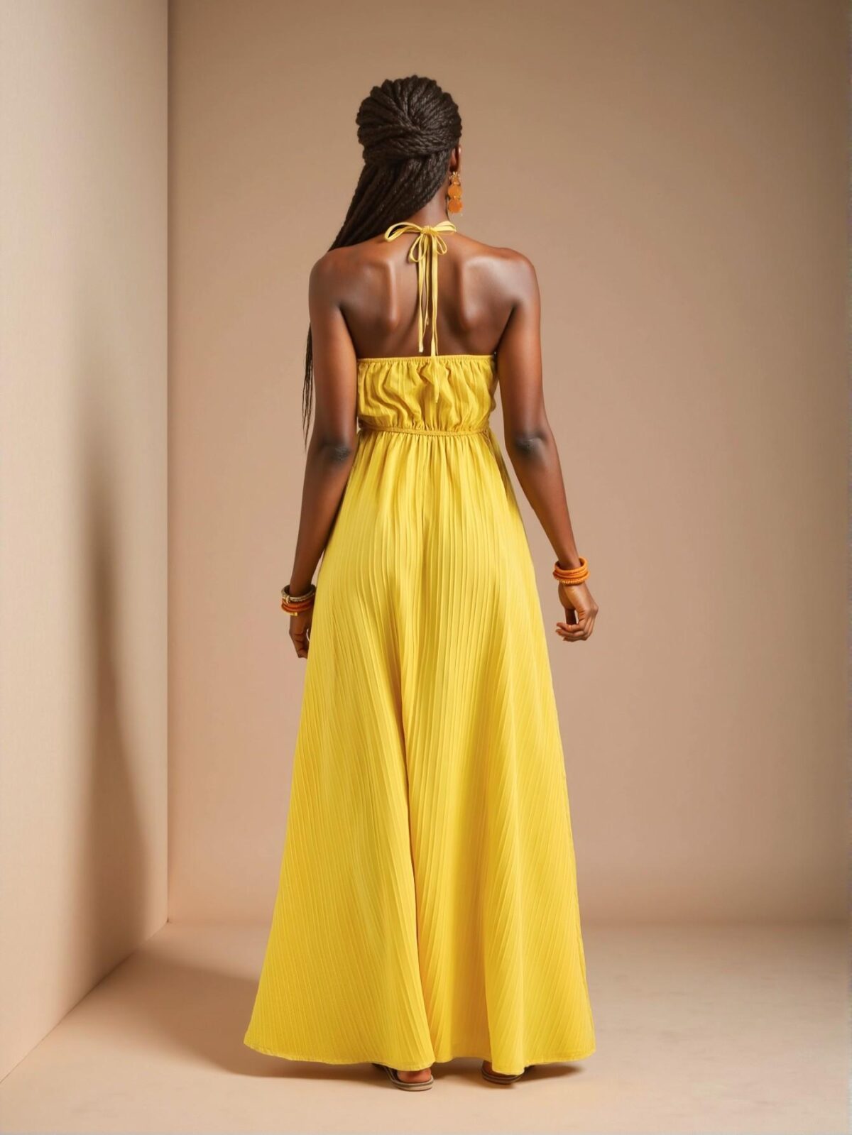 Elegant Yellow Stylish Halter Neck Backless Maxi Dress with High Slit and A-Line Swing Skirt for Casual Vacations - Chic, Classy and Trendy Fashion Style to Dress to Impress - Image 2
