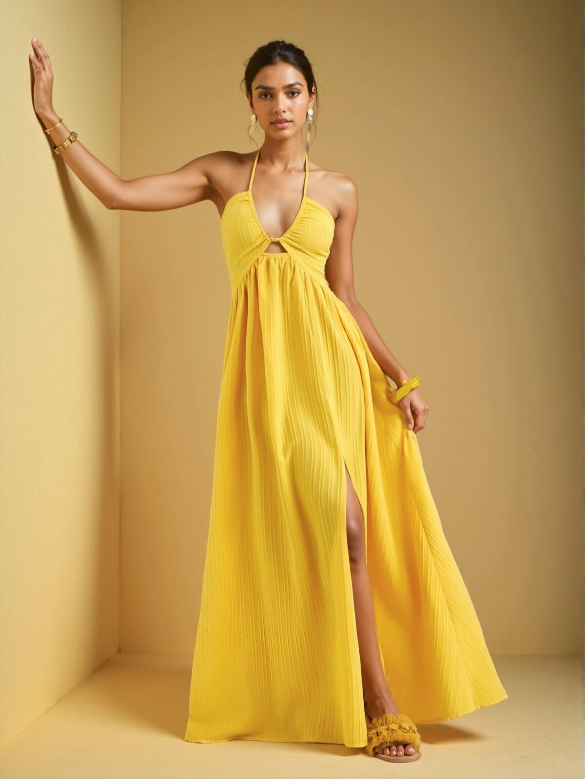 Elegant Yellow Stylish Halter Neck Backless Maxi Dress with High Slit and A-Line Swing Skirt for Casual Vacations - Chic, Classy and Trendy Fashion Style to Dress to Impress - Image 3