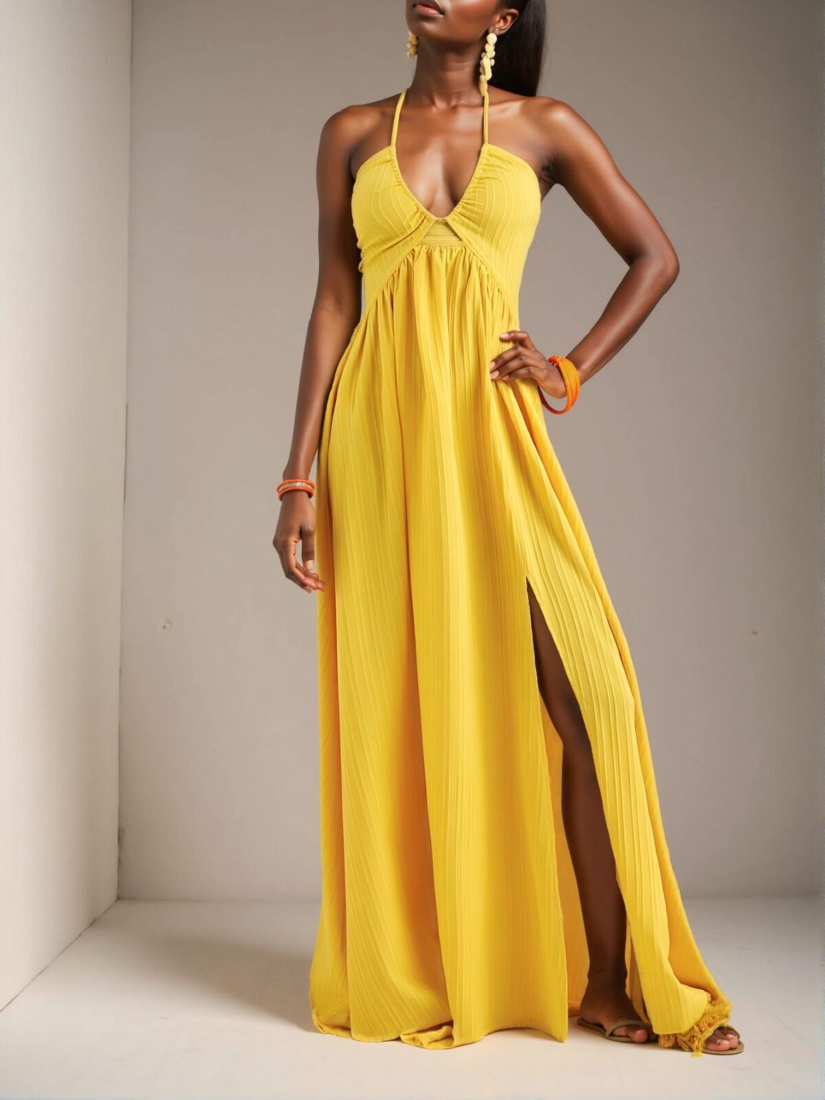 Elegant Yellow Stylish Halter Neck Backless Maxi Dress with High Slit and A-Line Swing Skirt for Casual Vacations - Chic, Classy and Trendy Fashion Style to Dress to Impress - Image 4