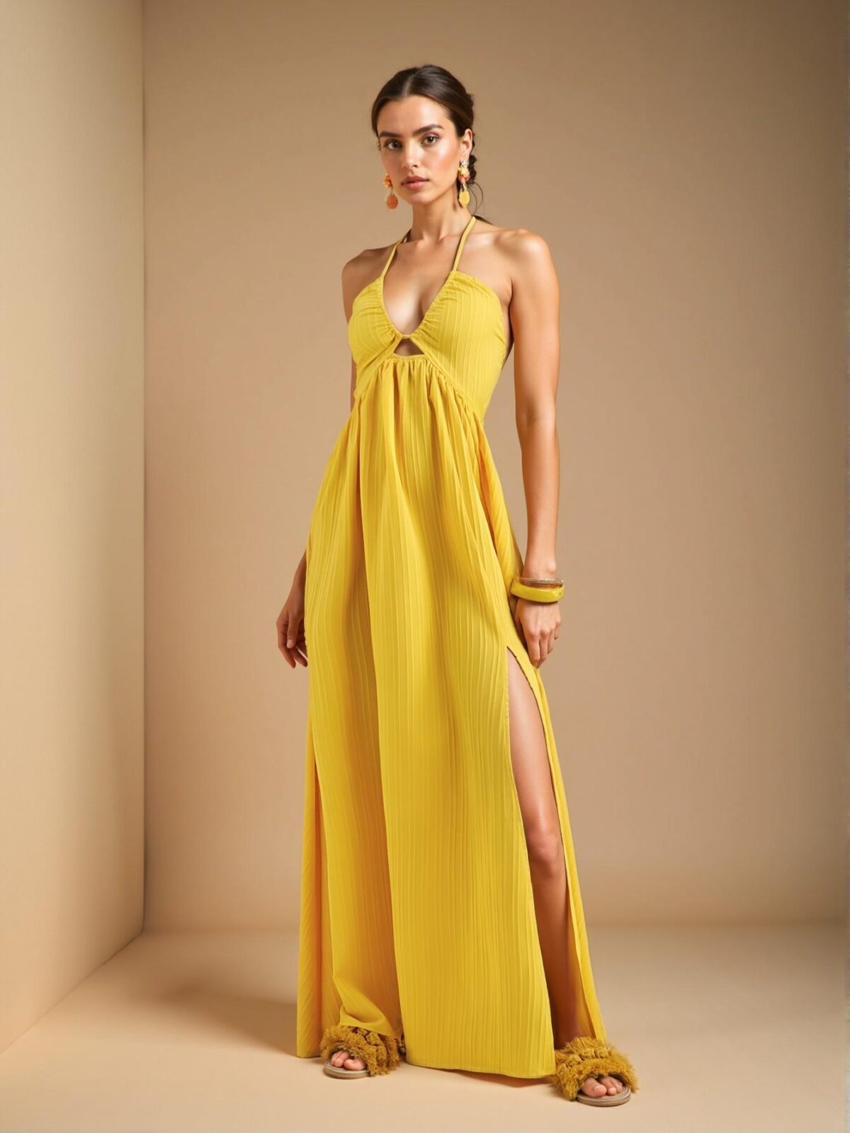 Elegant Yellow Stylish Halter Neck Backless Maxi Dress with High Slit and A-Line Swing Skirt for Casual Vacations - Chic, Classy and Trendy Fashion Style to Dress to Impress - Image 5