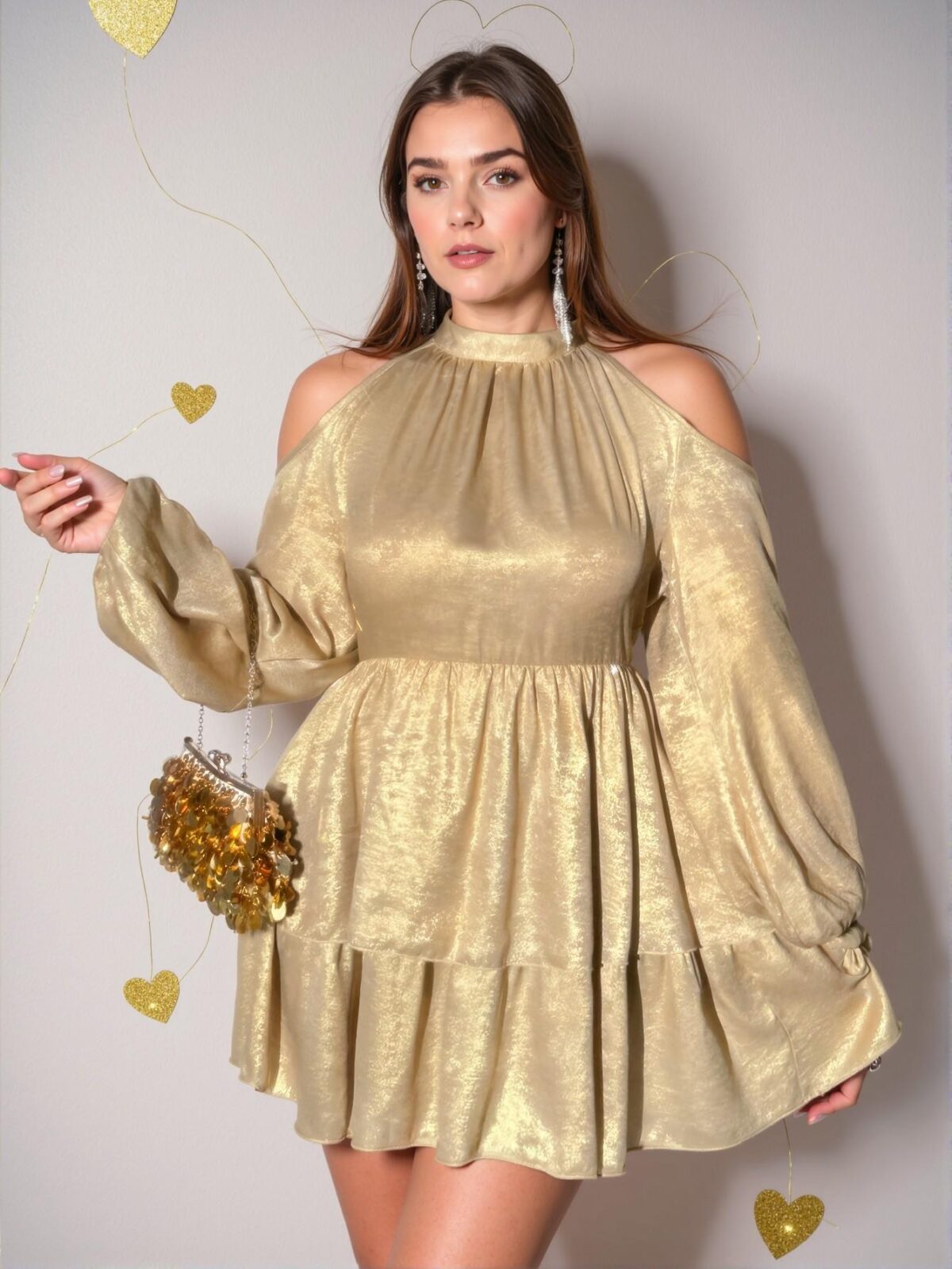 Elegant Gold Cold Shoulder Lantern Sleeve A-Line Dress: Chic, Classy and Trendy Fashion Style to Dress to Impress - Image 5