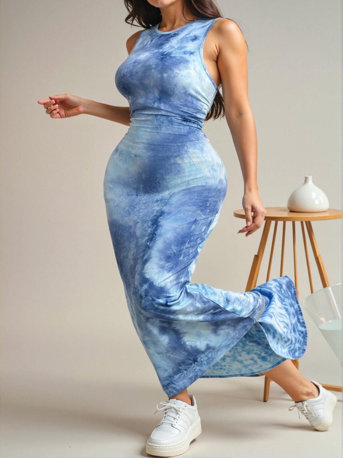 Elegant Blue Fitted Tie-Dye Bodycon Maxi Dress for Summer and Sun Outings - Chic, Classy and Trendy Fashion Style to Dress to Impress - Image 5