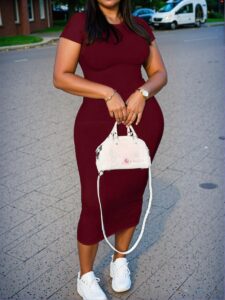 Elegant Burgundy Slim Fit Bodycon Short Sleeve Dress for Effortless Everyday Style - Chic, Classy and Trendy Fashion to Dress to Impress