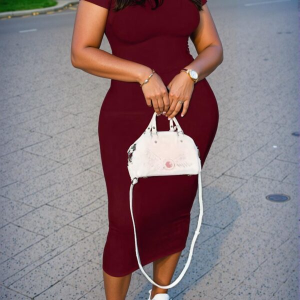 Elegant Burgundy Slim Fit Bodycon Short Sleeve Dress for Effortless Everyday Style - Chic, Classy and Trendy Fashion to Dress to Impress