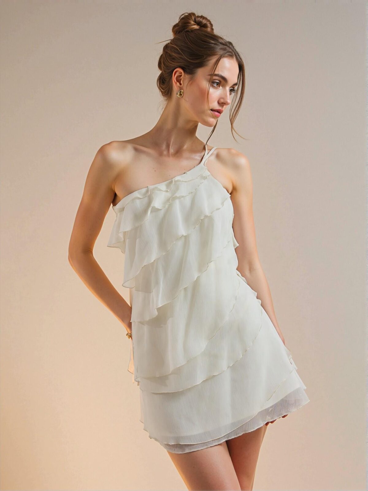 Elegant Beige Asymmetrical Layered Mini Dress for Effortless Style at Parties, Night Out, Concerts, and Music Festivals - Chic, Classy and Trendy Fashion Style to Dress to Impress - Image 4