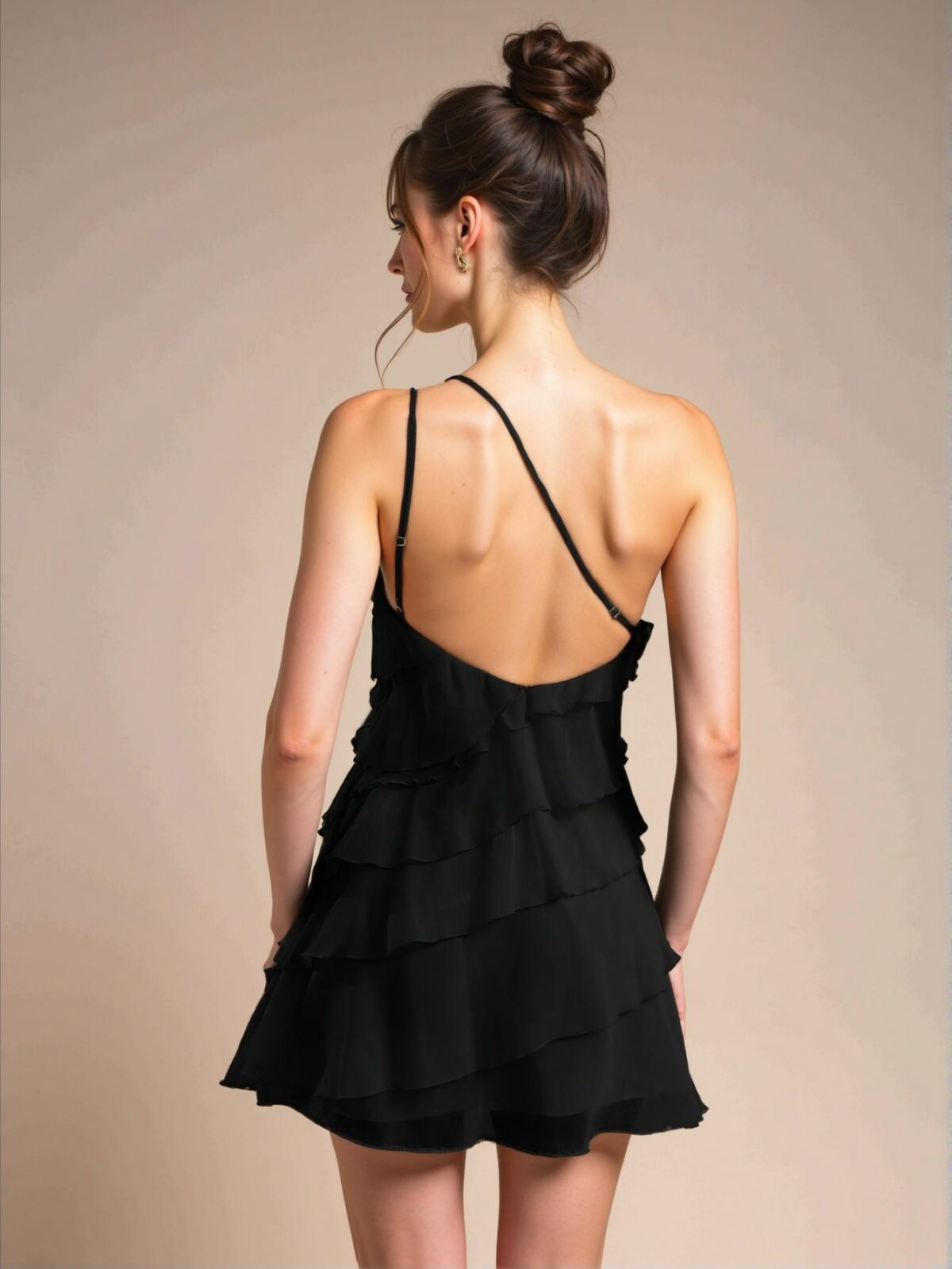 Elegant Black Layered Asymmetrical Neck Mini Dress Perfect for Night Out, Parties, Concerts, and Festivals – Chic, Classy, and Trendy Fashion Style to Dress to Impress