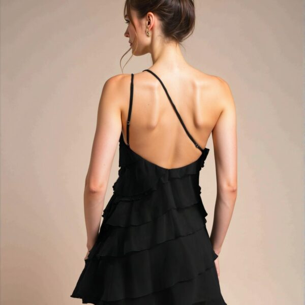Elegant Black Layered Asymmetrical Neck Mini Dress Perfect for Night Out, Parties, Concerts, and Festivals – Chic, Classy, and Trendy Fashion Style to Dress to Impress