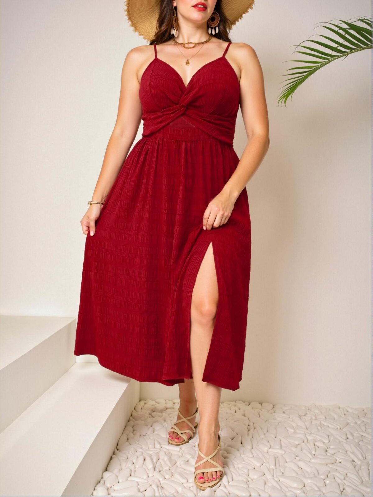 Elegant Red Twist Knot Cut-Out High Slit Cami Dress - Chic, Classy and Trendy Fashion Style to Dress to Impress