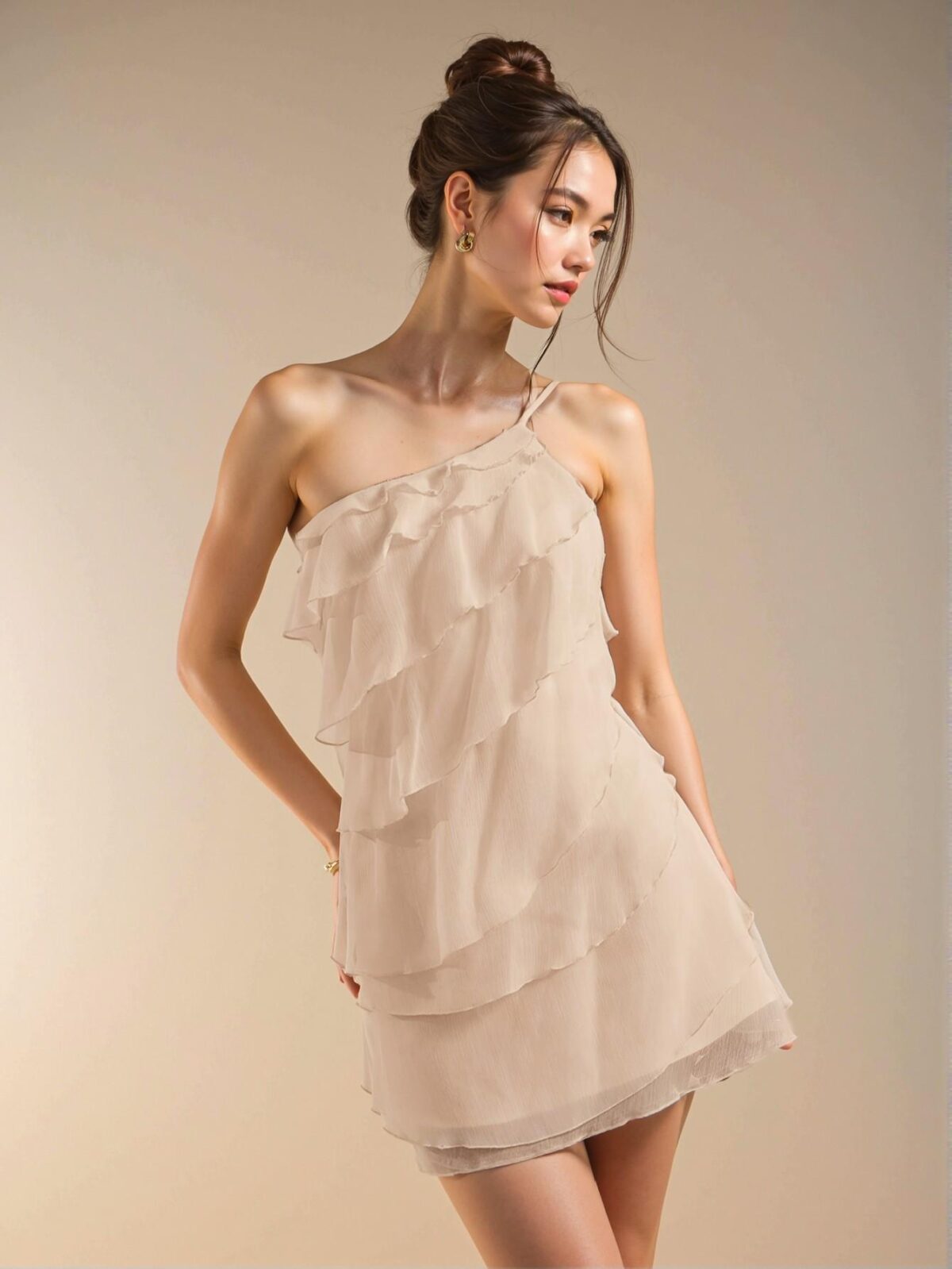 Elegant Khaki Layered Lotus Leaf Mini Dress for Casual Outings, Parties, and Festivals – Chic, Classy and Trendy Fashion Style to Dress to Impress - Image 4