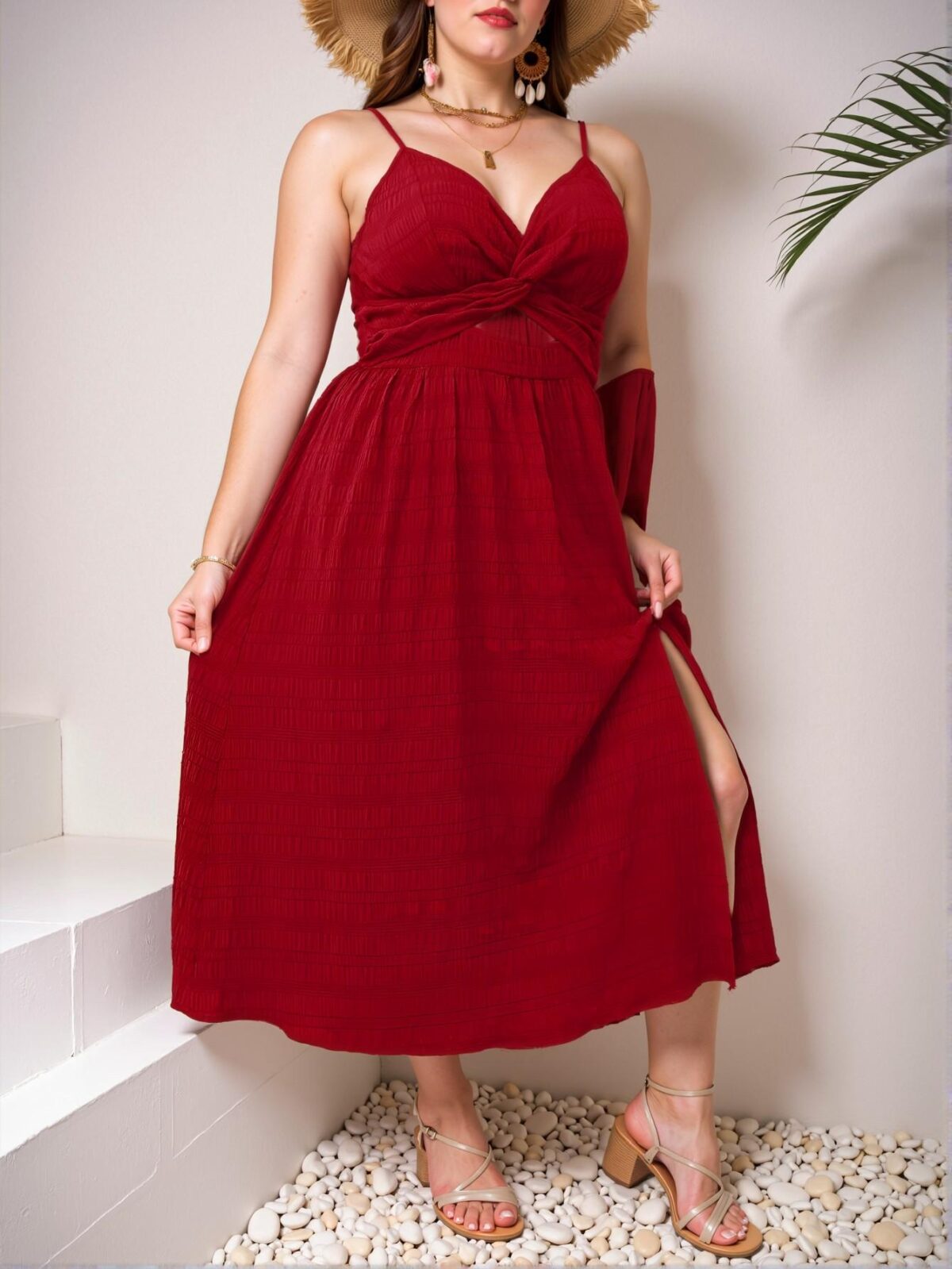Elegant Red Twist Knot Cut-Out High Slit Cami Dress - Chic, Classy and Trendy Fashion Style to Dress to Impress - Image 4