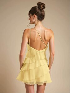 Elegant Butter Yellow Asymmetrical Layered Mini Dress for Night Out, Parties, Concerts, and Festivals – Chic, Classy and Trendy Fashion Style to Dress to Impress
