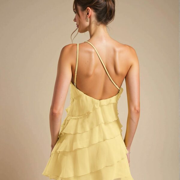 Elegant Butter Yellow Asymmetrical Layered Mini Dress for Night Out, Parties, Concerts, and Festivals – Chic, Classy and Trendy Fashion Style to Dress to Impress