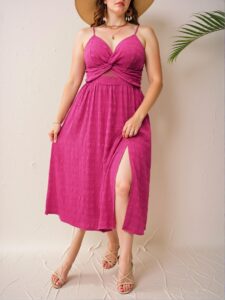 Elegant Hot Pink Twist Front Cut Out Split Thigh Cami Dress – Chic, Classy and Trendy Fashion Style to Dress to Impress