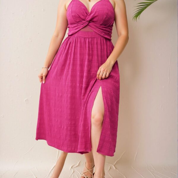 Elegant Hot Pink Twist Front Cut Out Split Thigh Cami Dress – Chic, Classy and Trendy Fashion Style to Dress to Impress