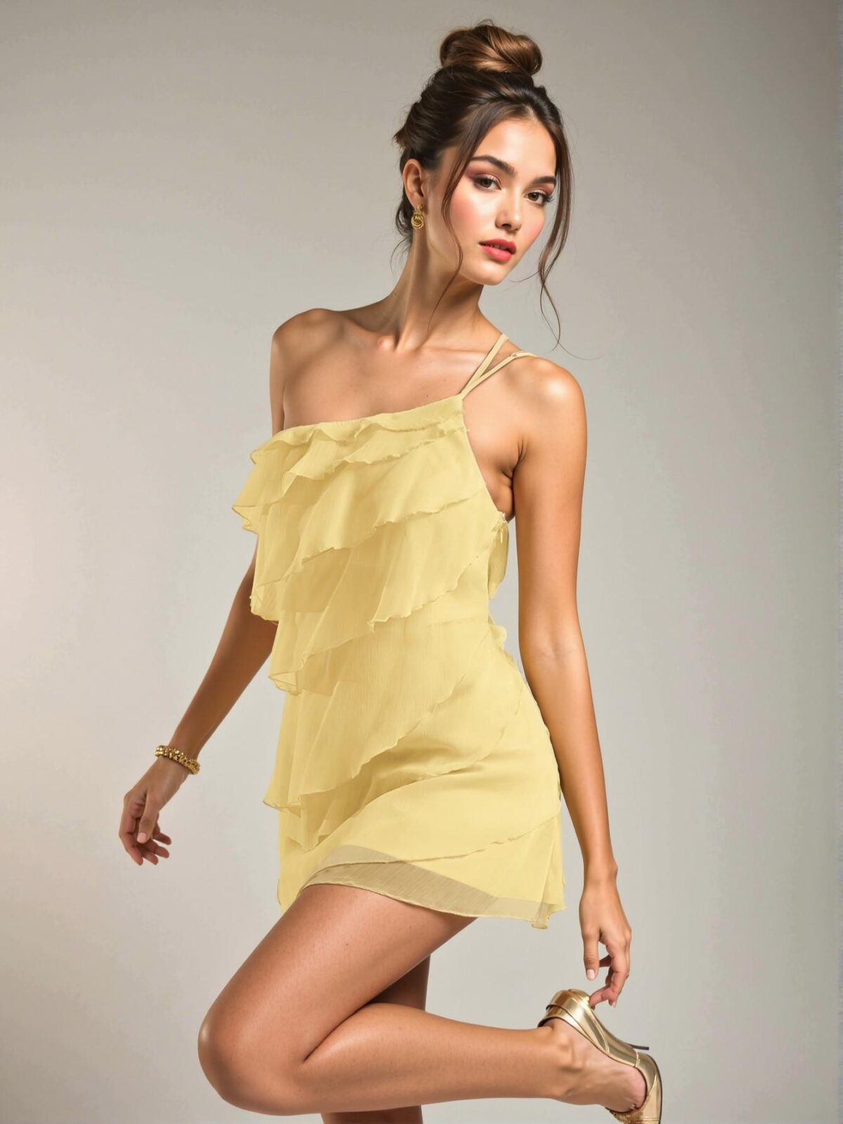 Elegant Butter Yellow Asymmetrical Layered Mini Dress for Night Out, Parties, Concerts, and Festivals – Chic, Classy and Trendy Fashion Style to Dress to Impress - Image 3