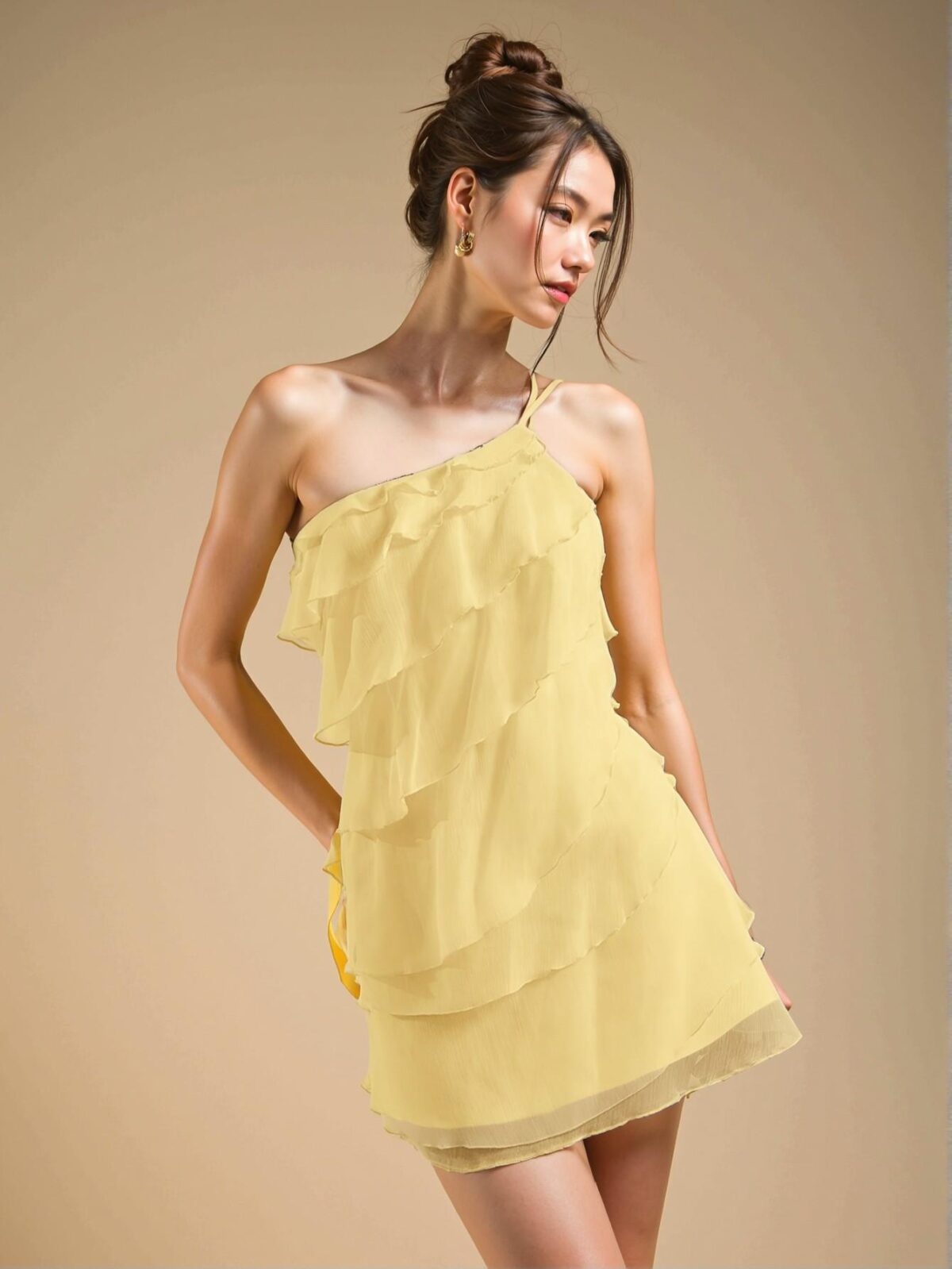 Elegant Butter Yellow Asymmetrical Layered Mini Dress for Night Out, Parties, Concerts, and Festivals – Chic, Classy and Trendy Fashion Style to Dress to Impress - Image 4