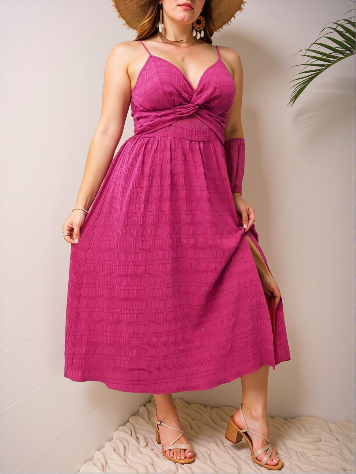 Elegant Hot Pink Twist Front Cut Out Split Thigh Cami Dress – Chic, Classy and Trendy Fashion Style to Dress to Impress - Image 5