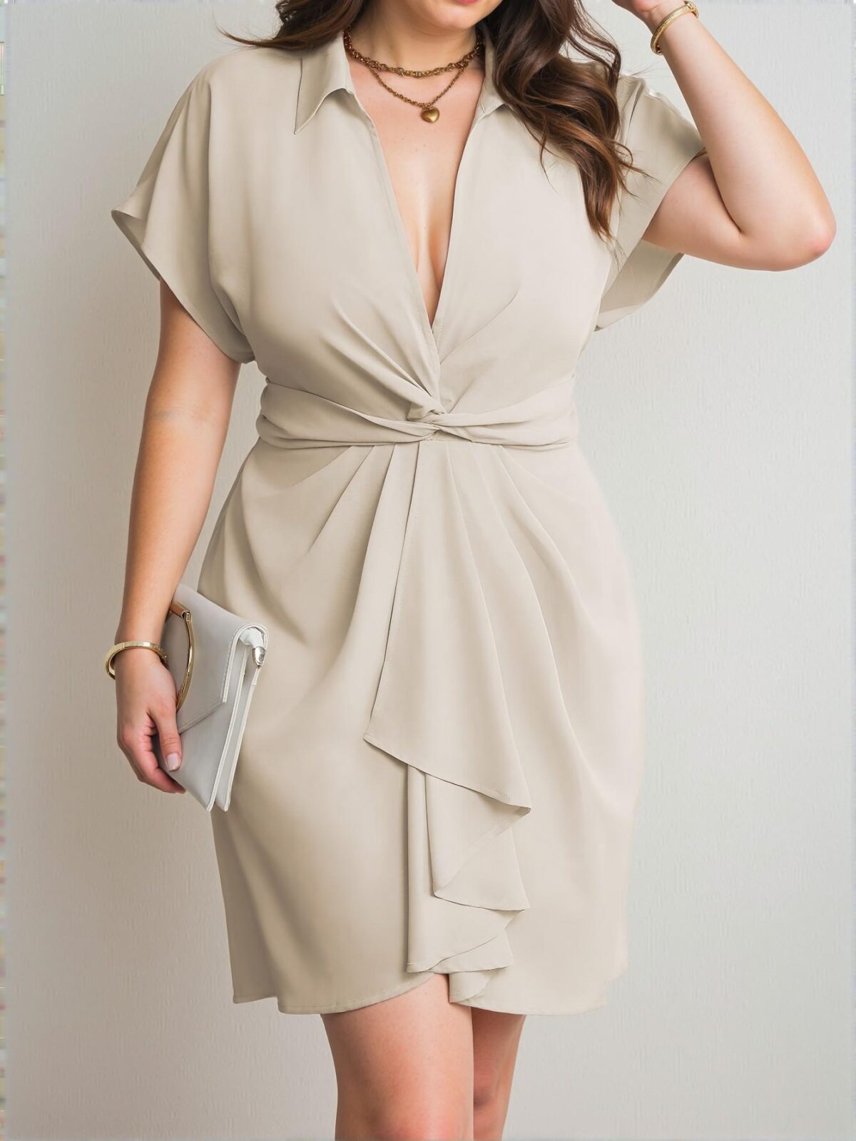 Elegant Apricot Plus Size Batwing Sleeve Midi Dress with Twist Waistband for a Chic, Classy and Trendy Fashion Style to Dress to Impress
