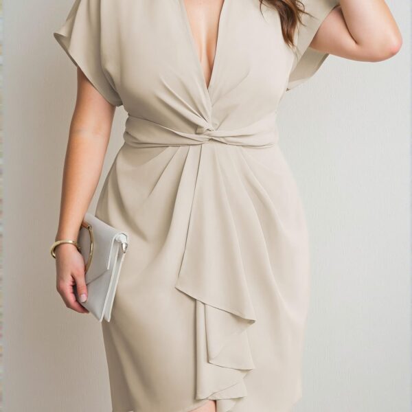 Elegant Apricot Plus Size Batwing Sleeve Midi Dress with Twist Waistband for a Chic, Classy and Trendy Fashion Style to Dress to Impress