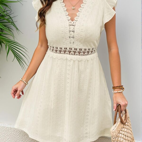 Elegant Apricot Patchwork Lace A-Line Wedding Guest Dress with Flounce Sleeves and Swing Design - Chic, Classy and Trendy Fashion Style to Dress to Impress