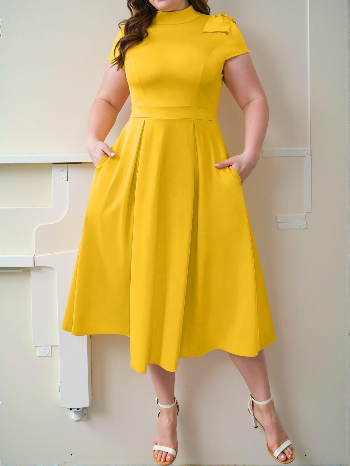 Elegant Yellow A-Line Maxi Dress with Bowknot Shoulder and Stand Collar for Plus Size Women - Chic, Classy and Trendy Fashion Style to Dress to Impress - Image 3