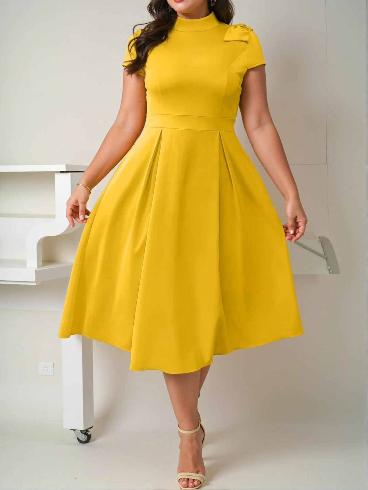 Elegant Yellow A-Line Maxi Dress with Bowknot Shoulder and Stand Collar for Plus Size Women - Chic, Classy and Trendy Fashion Style to Dress to Impress - Image 4