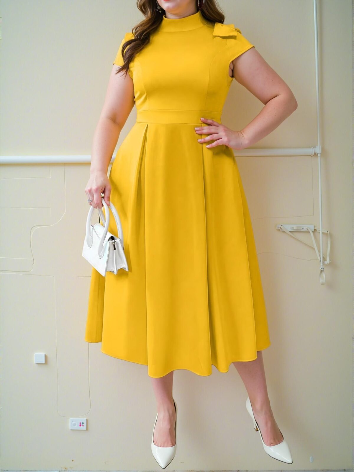 Elegant Yellow A-Line Maxi Dress with Bowknot Shoulder and Stand Collar for Plus Size Women - Chic, Classy and Trendy Fashion Style to Dress to Impress - Image 5