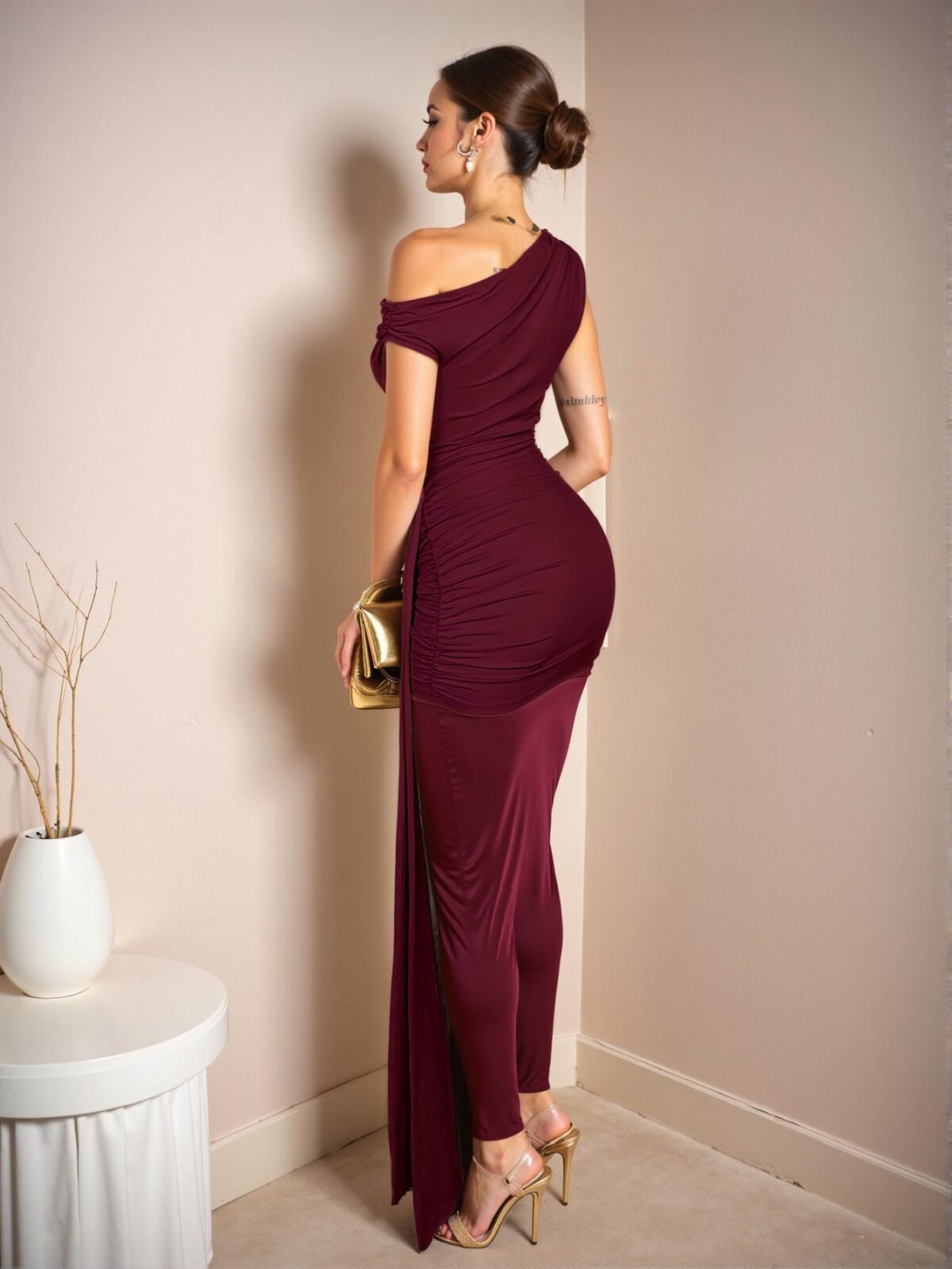 Elegant Burgundy Asymmetrical Shoulder Bodycon Mini Dress with Ruched Tie Detail: Chic, Classy and Trendy Fashion Style to Dress to Impress - Image 2