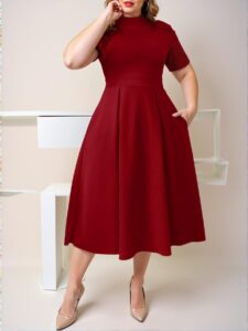 Elegant Red Stylish Plus Size Stand Collar Dress with Bowknot Shoulder and Flared A-Line Silhouette for New Year Celebrations - Chic, Classy and Trendy Fashion Style to Dress to Impress