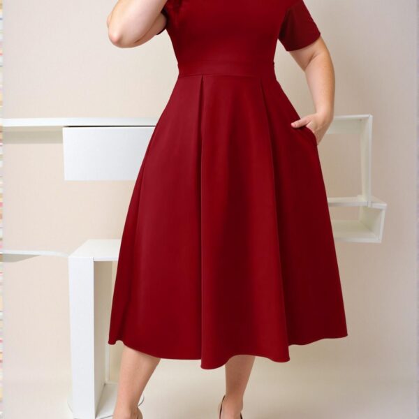 Elegant Red Stylish Plus Size Stand Collar Dress with Bowknot Shoulder and Flared A-Line Silhouette for New Year Celebrations - Chic, Classy and Trendy Fashion Style to Dress to Impress