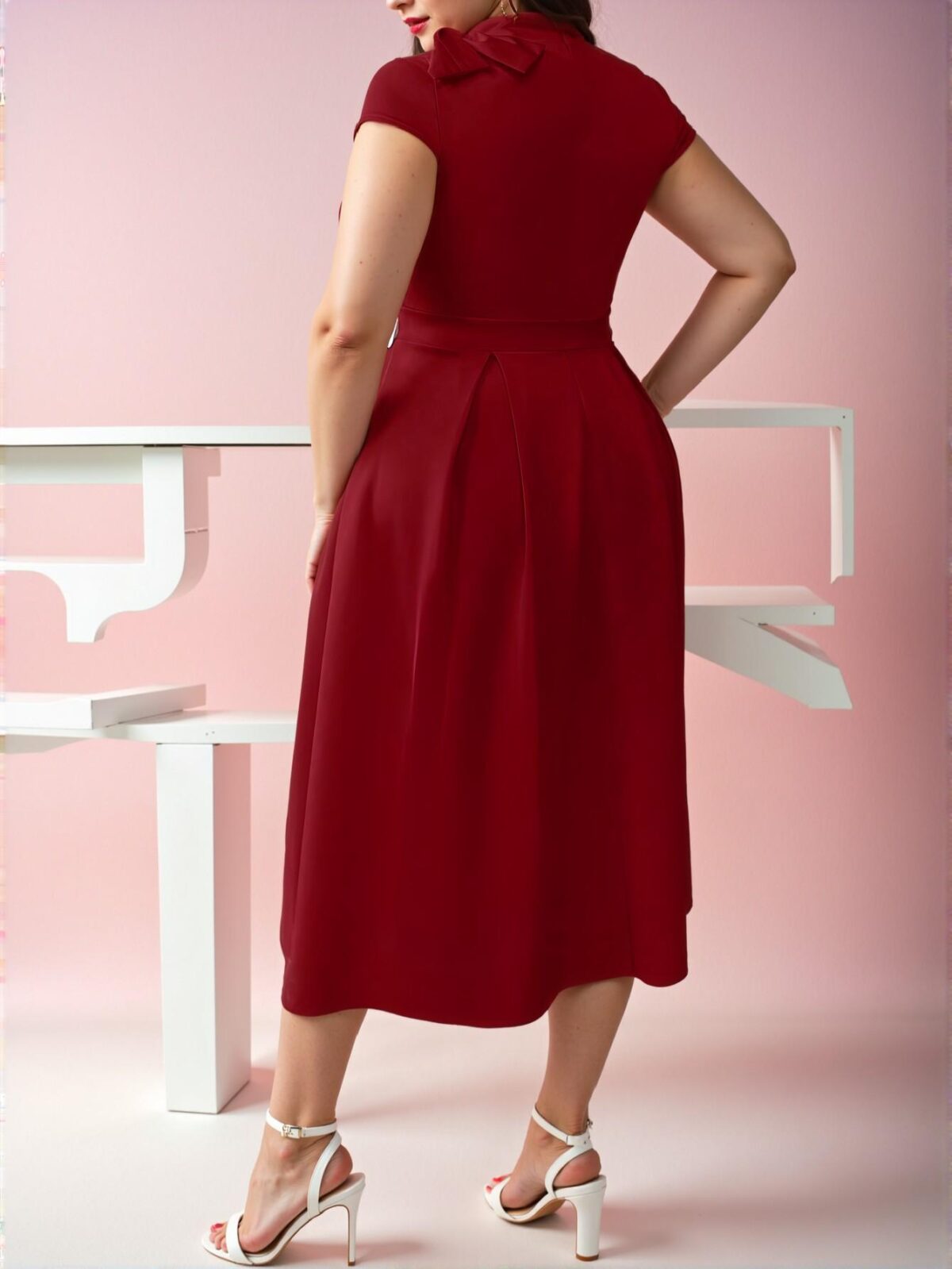 Elegant Red Stylish Plus Size Stand Collar Dress with Bowknot Shoulder and Flared A-Line Silhouette for New Year Celebrations - Chic, Classy and Trendy Fashion Style to Dress to Impress - Image 2