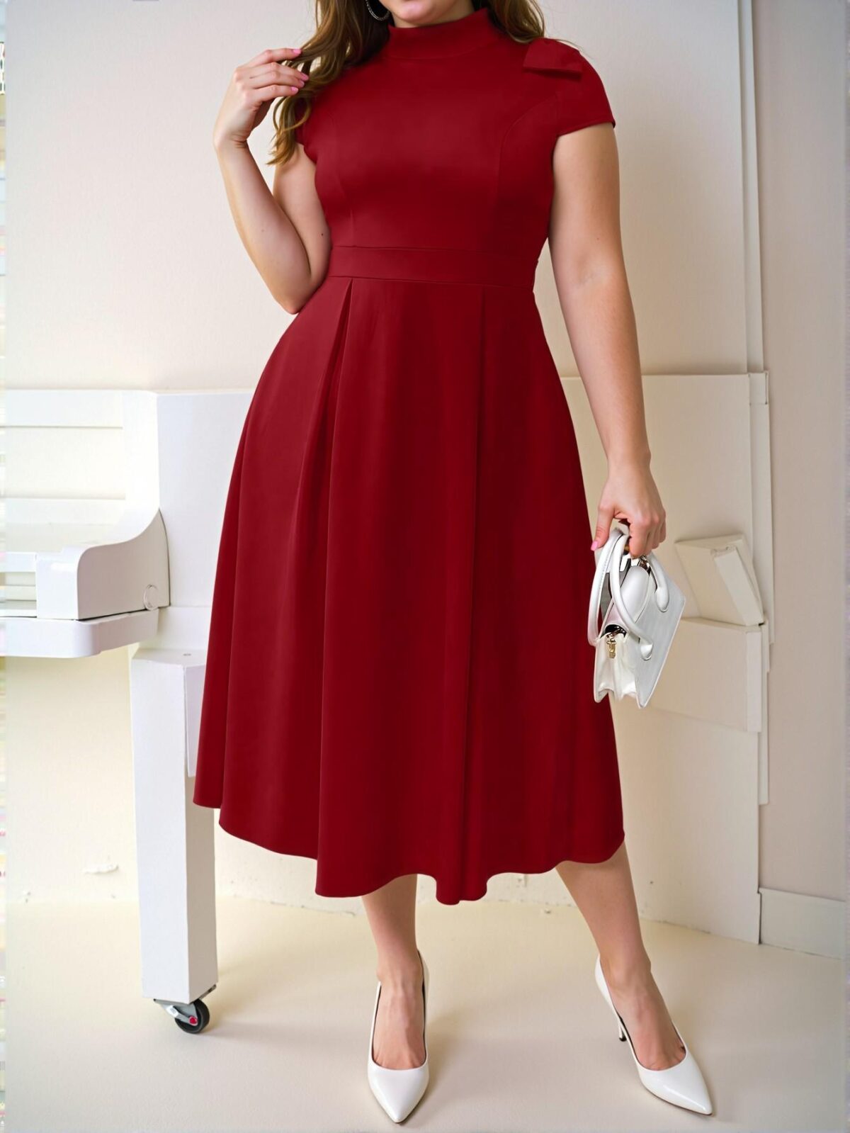 Elegant Red Stylish Plus Size Stand Collar Dress with Bowknot Shoulder and Flared A-Line Silhouette for New Year Celebrations - Chic, Classy and Trendy Fashion Style to Dress to Impress - Image 3