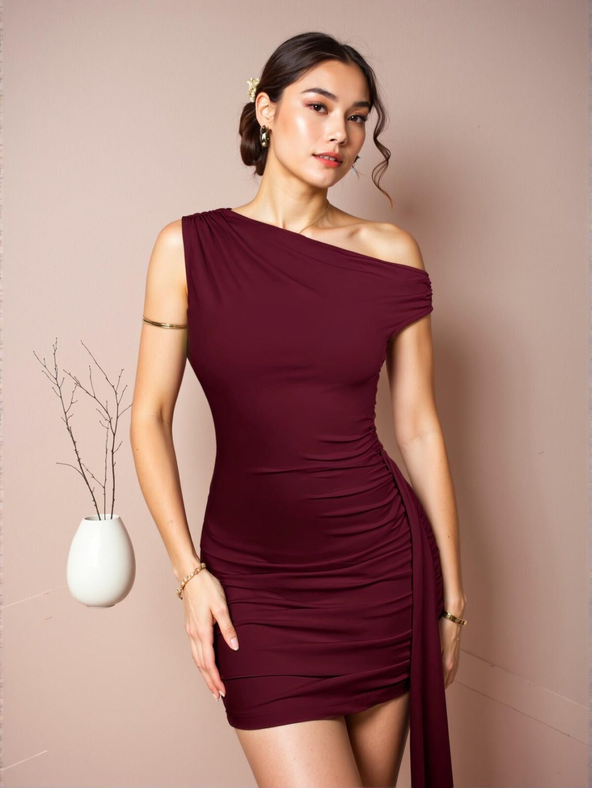 Elegant Burgundy Asymmetrical Shoulder Bodycon Mini Dress with Ruched Tie Detail: Chic, Classy and Trendy Fashion Style to Dress to Impress - Image 5