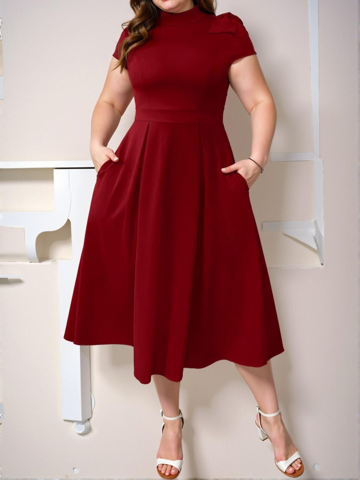 Elegant Red Stylish Plus Size Stand Collar Dress with Bowknot Shoulder and Flared A-Line Silhouette for New Year Celebrations - Chic, Classy and Trendy Fashion Style to Dress to Impress - Image 4