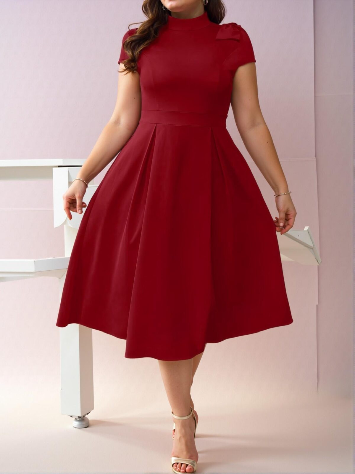 Elegant Red Stylish Plus Size Stand Collar Dress with Bowknot Shoulder and Flared A-Line Silhouette for New Year Celebrations - Chic, Classy and Trendy Fashion Style to Dress to Impress - Image 5