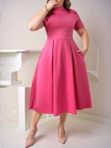 Elegant Hot Pink Stylish Knit Stand Collar Dress with Bowknot Detail and Flared A-Line Silhouette Maxi Outfit for Fashionable Women - Chic, Classy and Trendy Fashion Style to Dress to Impress