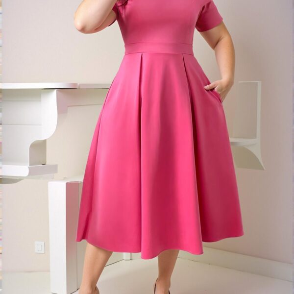 Elegant Hot Pink Stylish Knit Stand Collar Dress with Bowknot Detail and Flared A-Line Silhouette Maxi Outfit for Fashionable Women - Chic, Classy and Trendy Fashion Style to Dress to Impress