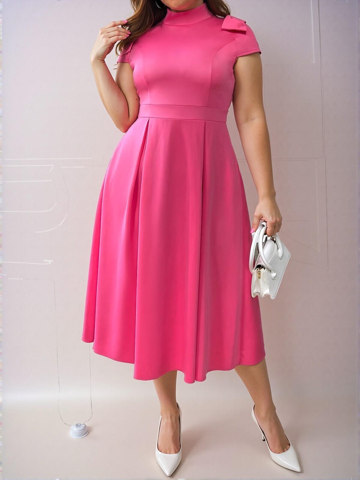 Elegant Hot Pink Stylish Knit Stand Collar Dress with Bowknot Detail and Flared A-Line Silhouette Maxi Outfit for Fashionable Women - Chic, Classy and Trendy Fashion Style to Dress to Impress - Image 3