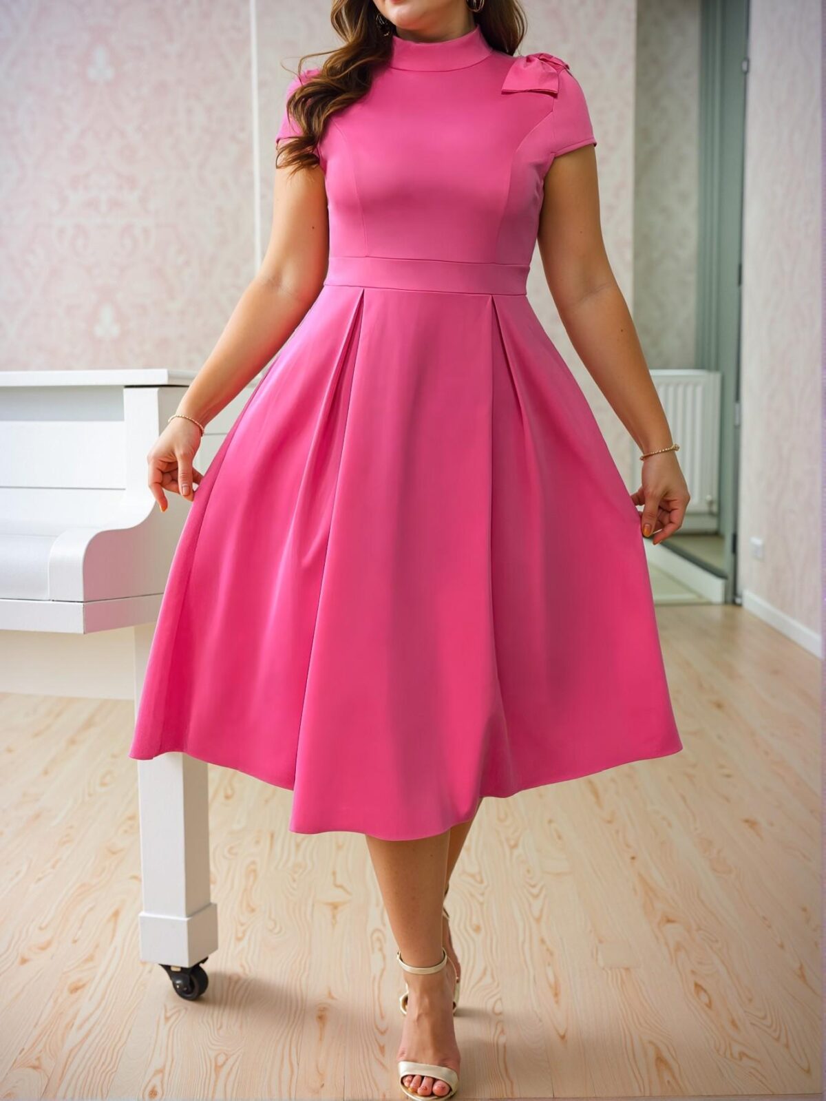 Elegant Hot Pink Stylish Knit Stand Collar Dress with Bowknot Detail and Flared A-Line Silhouette Maxi Outfit for Fashionable Women - Chic, Classy and Trendy Fashion Style to Dress to Impress - Image 5