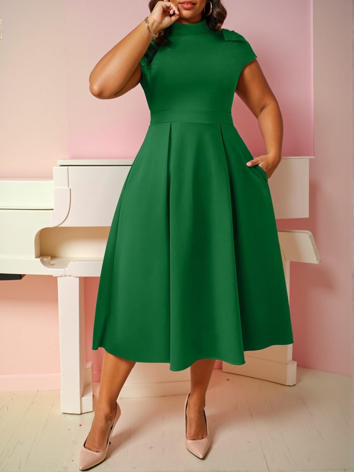 Elegant Green Chic Plus Size A-Line Dress with Bow Detail at Shoulders, Perfect for a Stylish Ensemble "Chic, Classy and Trendy Fashion Style to Dress to Impress"