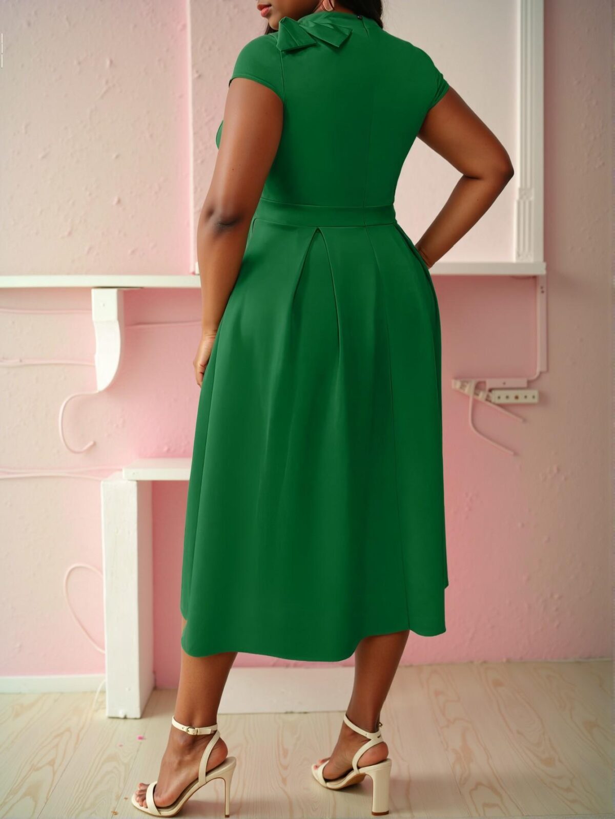 Elegant Green Chic Plus Size A-Line Dress with Bow Detail at Shoulders, Perfect for a Stylish Ensemble "Chic, Classy and Trendy Fashion Style to Dress to Impress" - Image 2