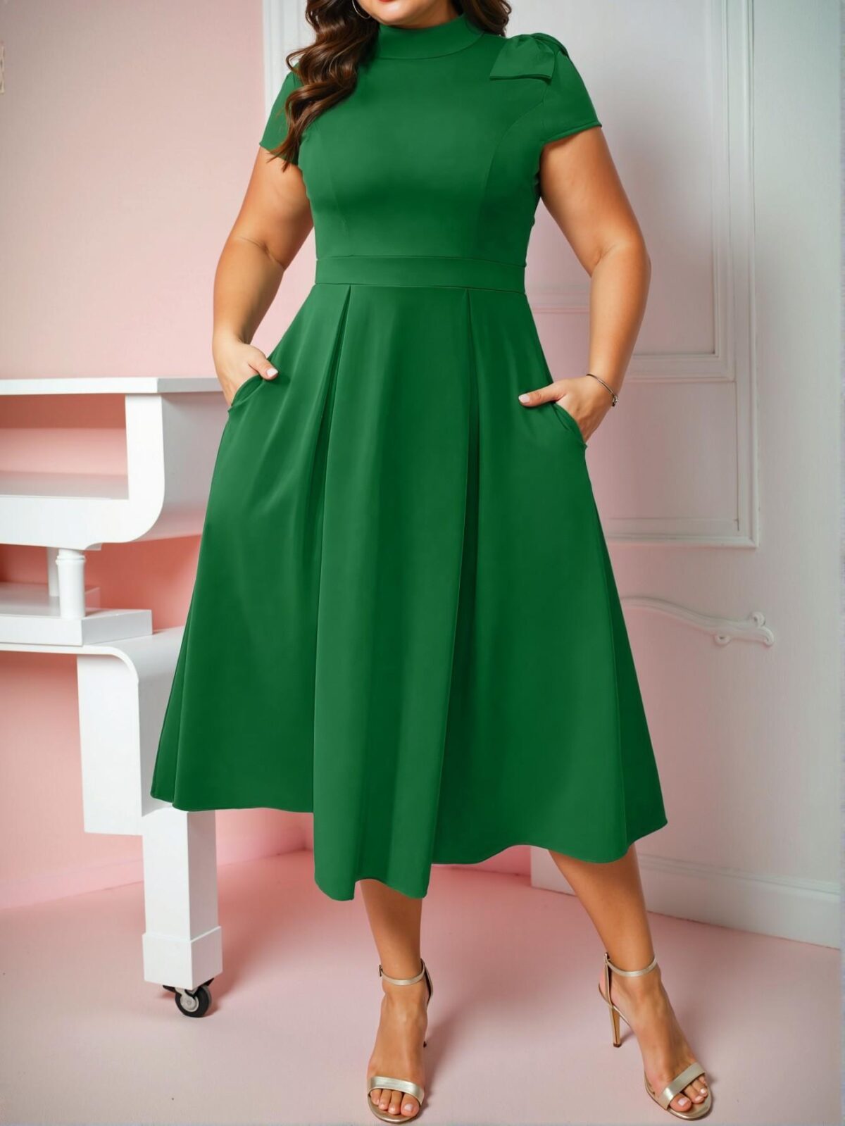 Elegant Green Chic Plus Size A-Line Dress with Bow Detail at Shoulders, Perfect for a Stylish Ensemble "Chic, Classy and Trendy Fashion Style to Dress to Impress" - Image 4