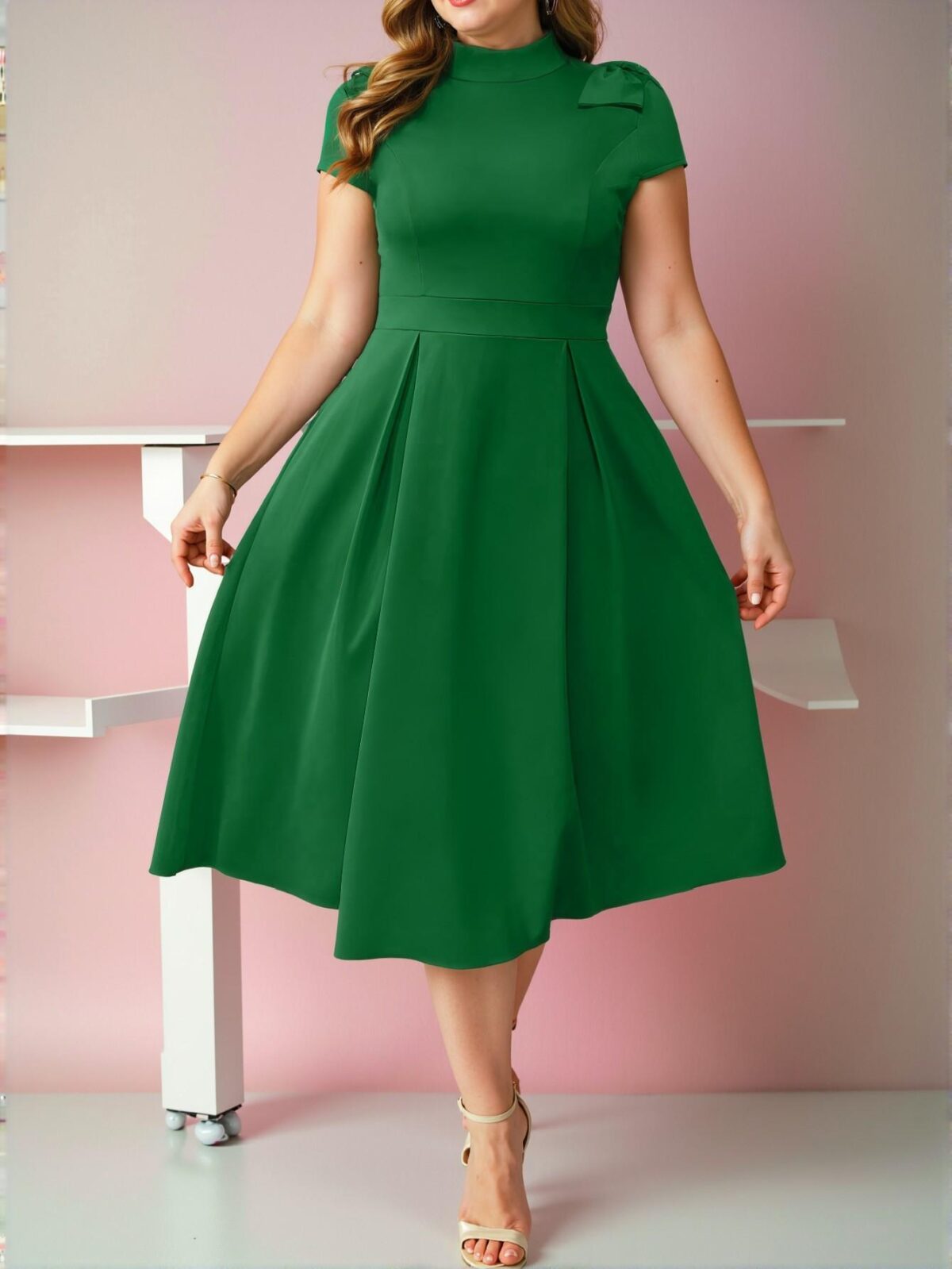 Elegant Green Chic Plus Size A-Line Dress with Bow Detail at Shoulders, Perfect for a Stylish Ensemble "Chic, Classy and Trendy Fashion Style to Dress to Impress" - Image 5