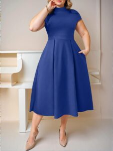 Elegant Blue A-Line Knitted Maxi Dress with Bowknot Shoulder and Stand Collar for Plus Size Women - Chic, Classy and Trendy Fashion Style to Dress to Impress